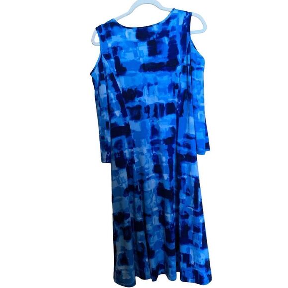 Susan Graver Womens Size Large Blue Watercolor Stretch Cold Shoulder Midi Dress - Picture 5 of 8